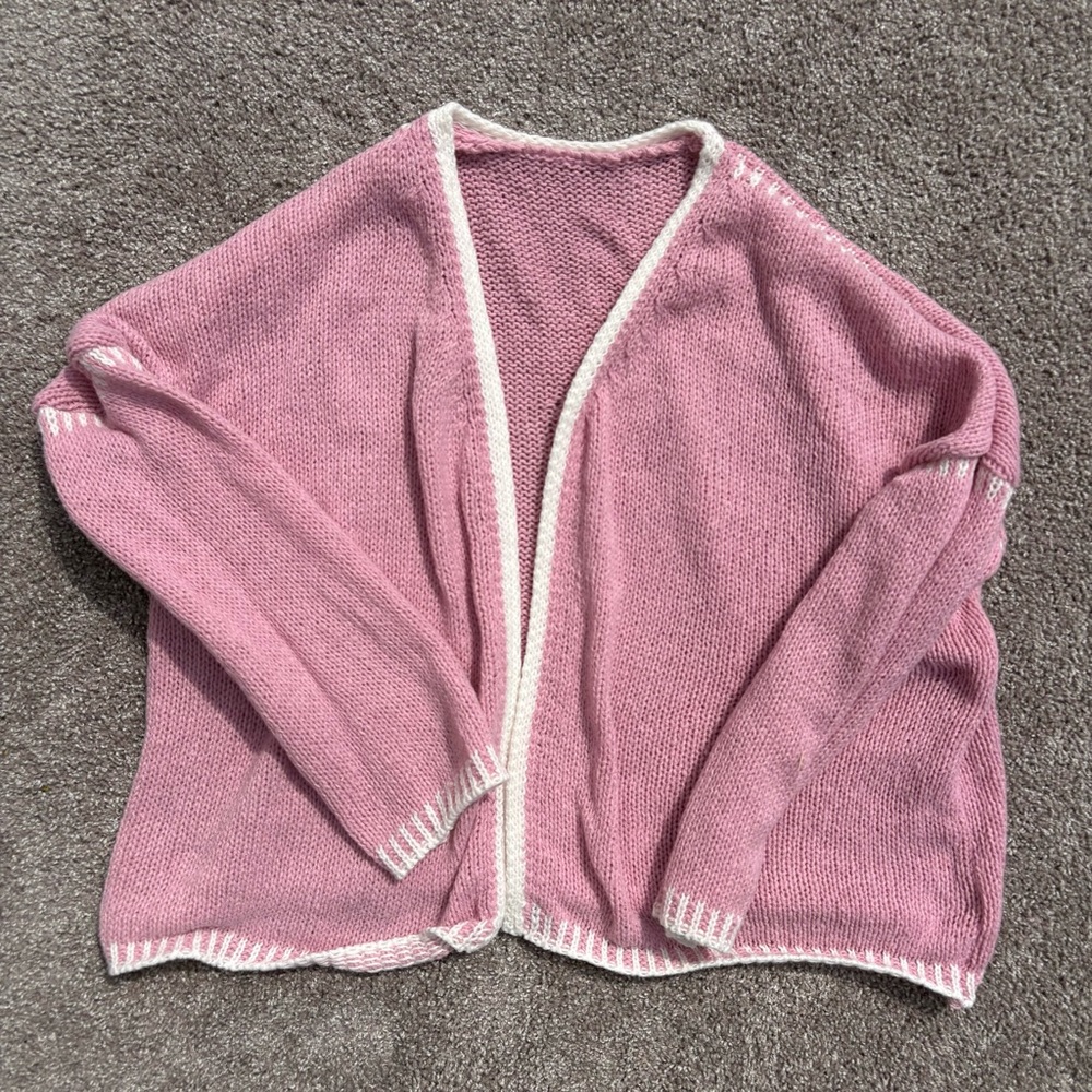 Pink Open-Front Sweater with White Trim